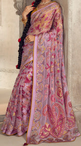 Exquisite Contrasting Light Pink Floral Organza saree with beautiful print, piping work or tassels on pallu | party wearr saree | Festive saree